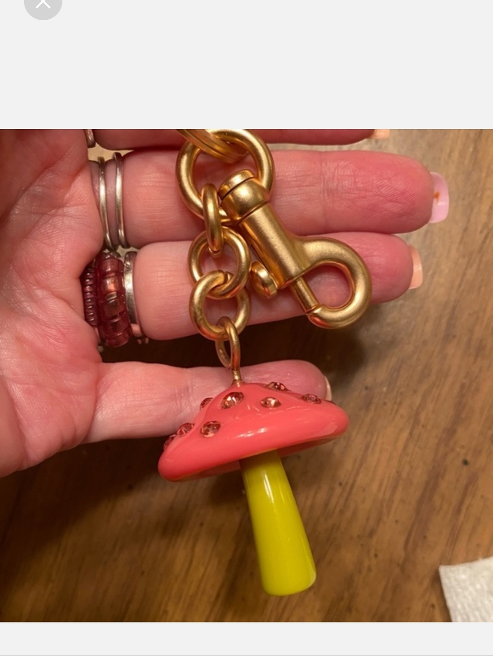 Mushroom Bagcharm/Keychain Gold With Pink And Green Plus Crystals - Picture 2 of 5